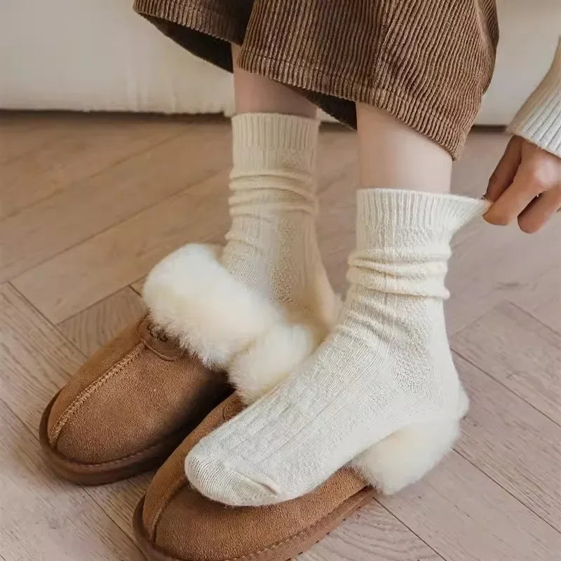 3Pairs Winter Cashmere Wool Socks Women's Winter Diamond Thicken Warm Black White Pack Set Thermal Japanese Fashion Solid Color
