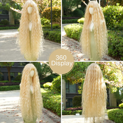PARK YUN Extra Long Blonde Cosplay Wigs With Bangs Loose Long Curly Blonde Lolita Wig Synthetic Heat Resistant  Wig 44 Inch