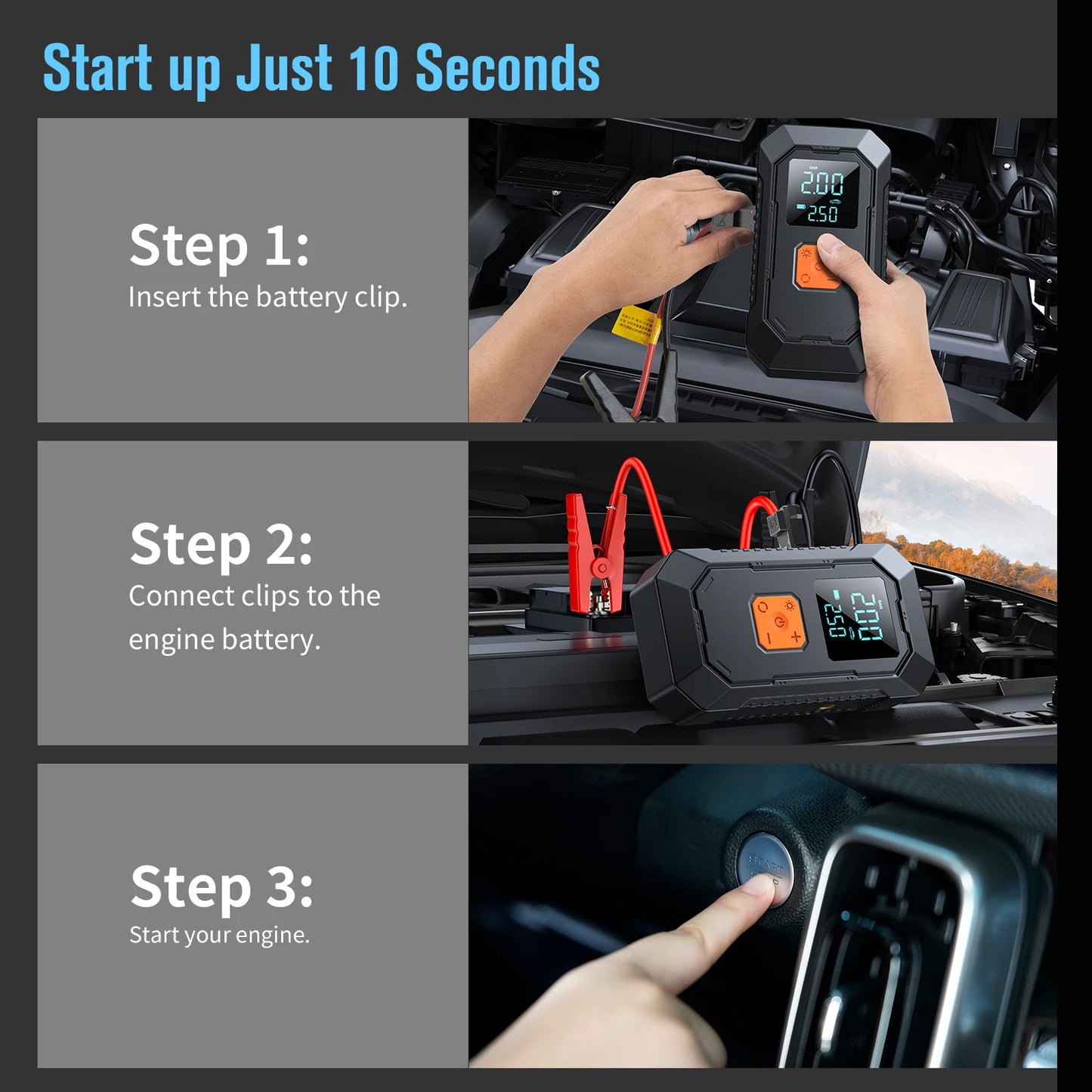Car Jump Starter Air Pump Power Bank Lighting Portable Air Compressor 4 In 1 Cars Battery Starters Auto Tyre Inflator