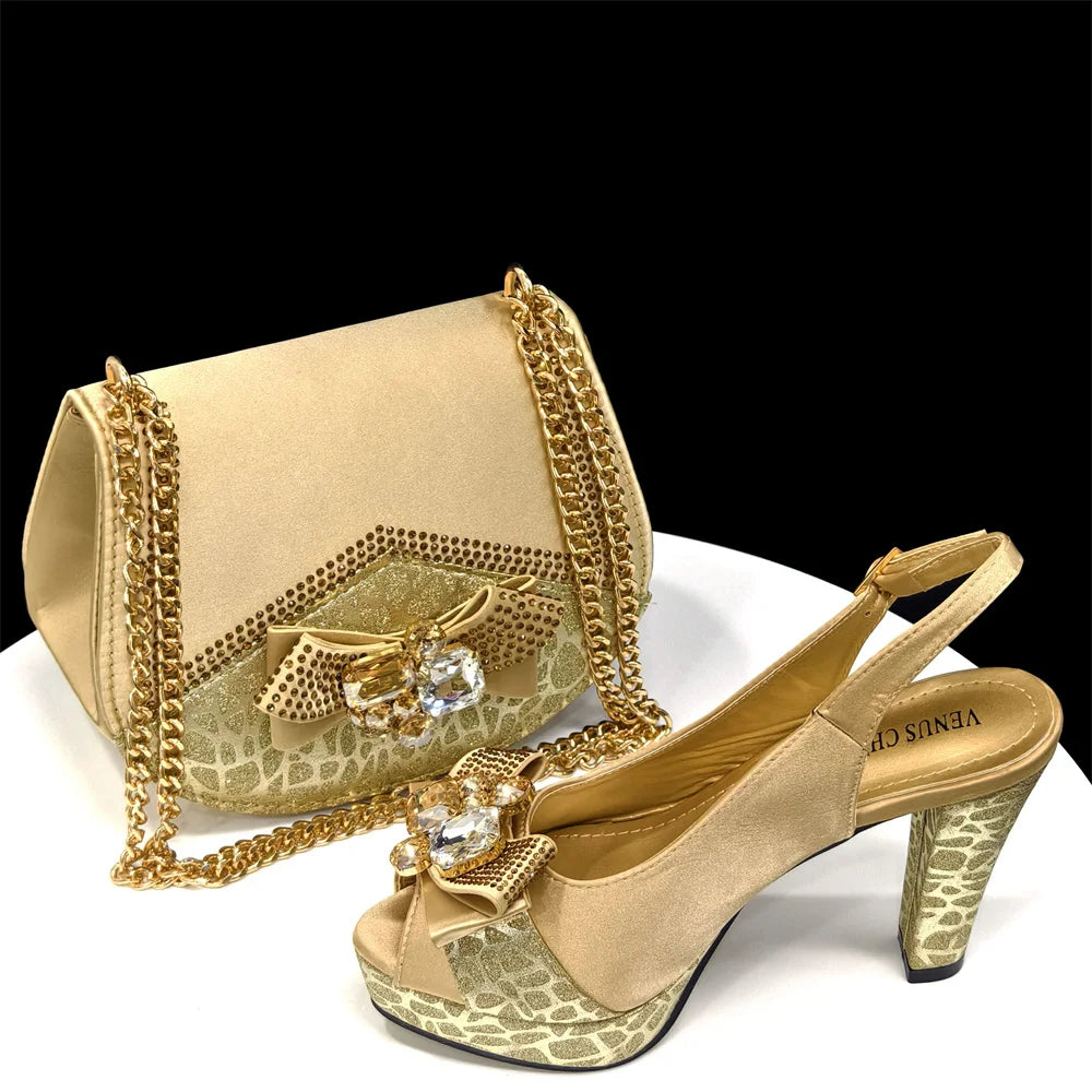 Venus Chan Nigerian Women Heel Party Shoes and Bag Set Royal Blue Colour Rhinestone Handbag Italian Design Wedding INS 2024