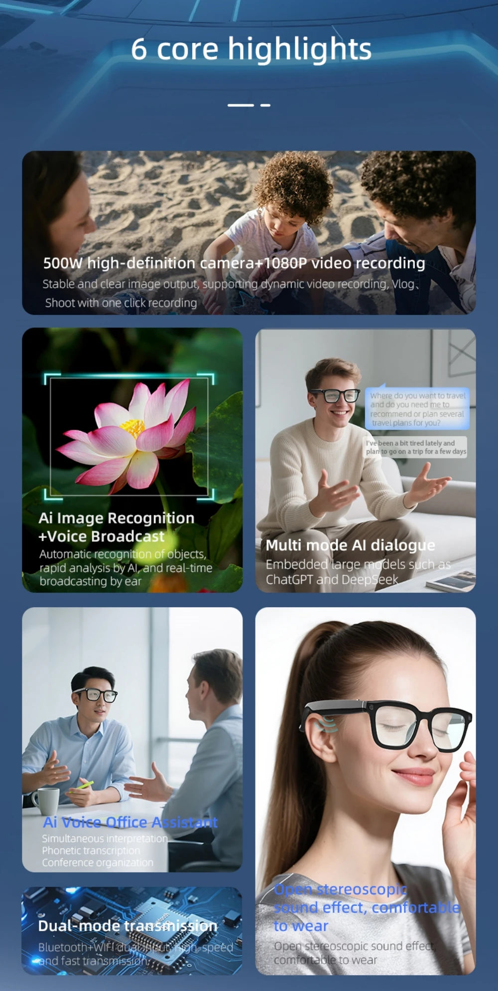 V03 Smart Glasses Camera Control Bluetooth Call Music Control Open Listening Design Polarized Lenses Smart Sunglasses