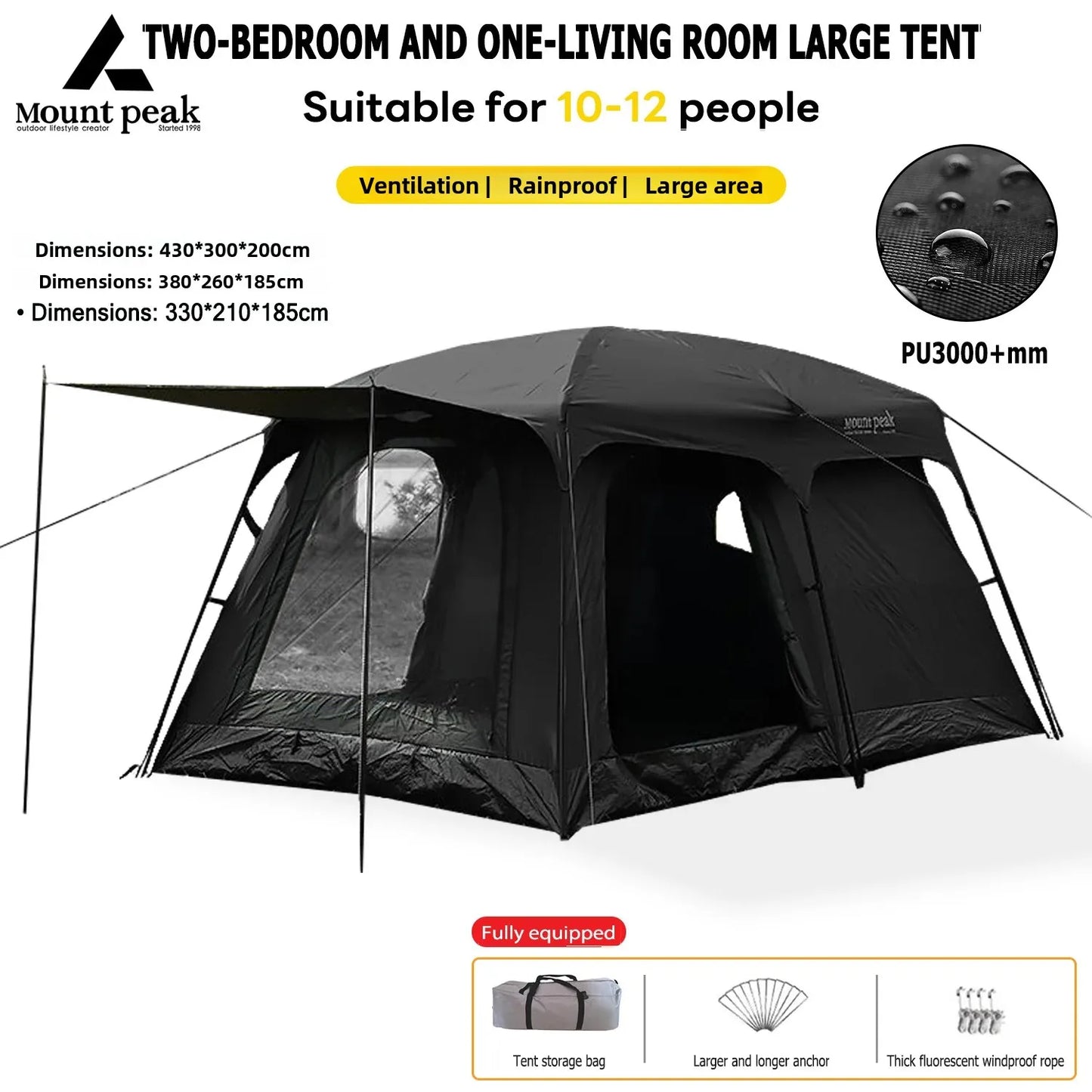 Mount Peak offers two-bedroom tents that can accommodate 5-8 people, and outdoor camping park family tents with sunshades.