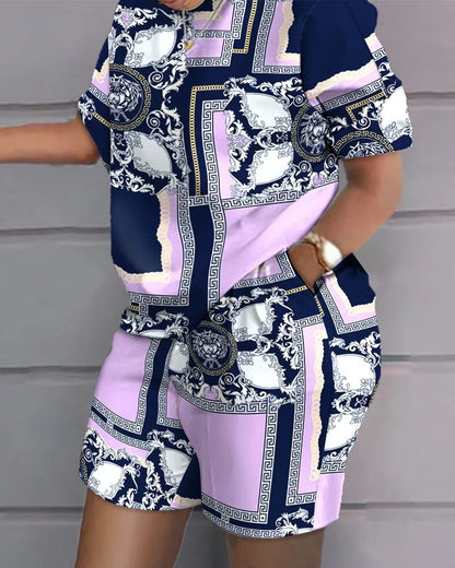 Ladies Casual Summer Two Piece Sets Printed Shorts Sets Women Round Neck Short Sleeve T Shirts Pullover High Waist Trousers Suit