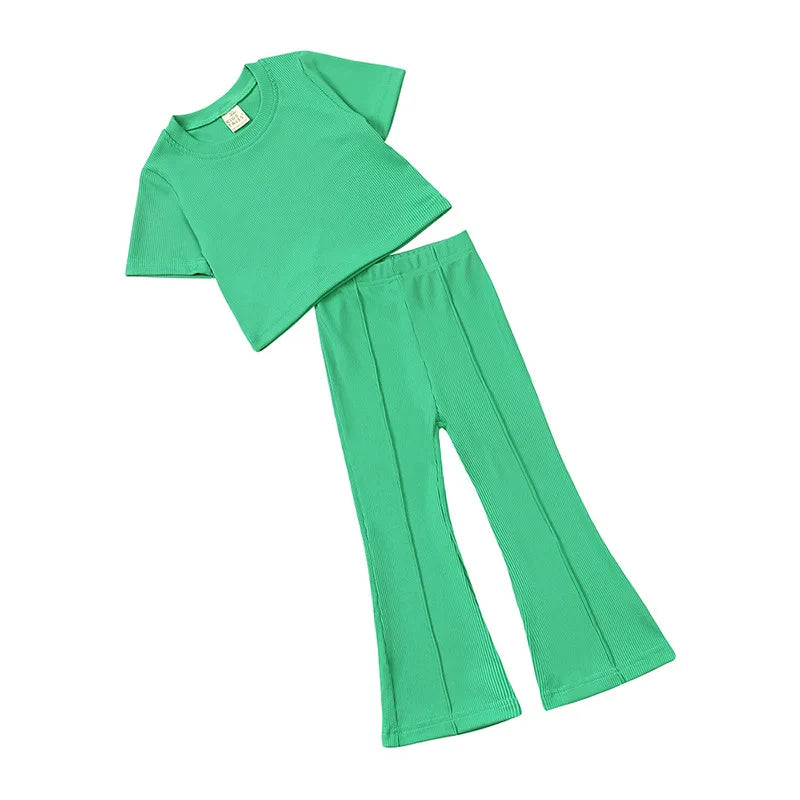 Summer Girls Bell Bottom Outfits 2Pcs Solid T-Shirt Tops + Flared Pants Suit Toddler Kids Fashion Tracksuit Children Clothes