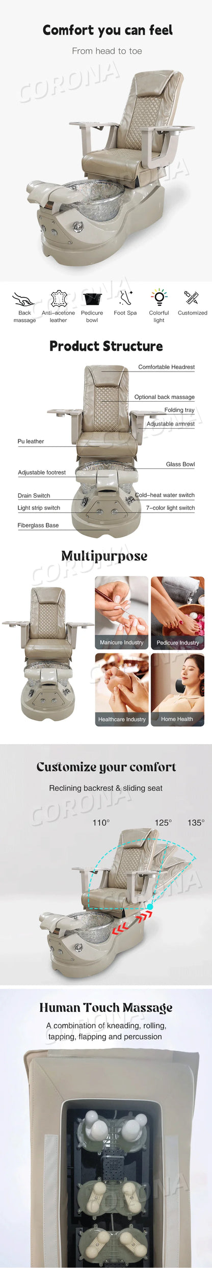 Pedicure Manicure Massage Chair Custom Color Professional Pipeless Massage Manicure Pedicure Chair for Nail Salon