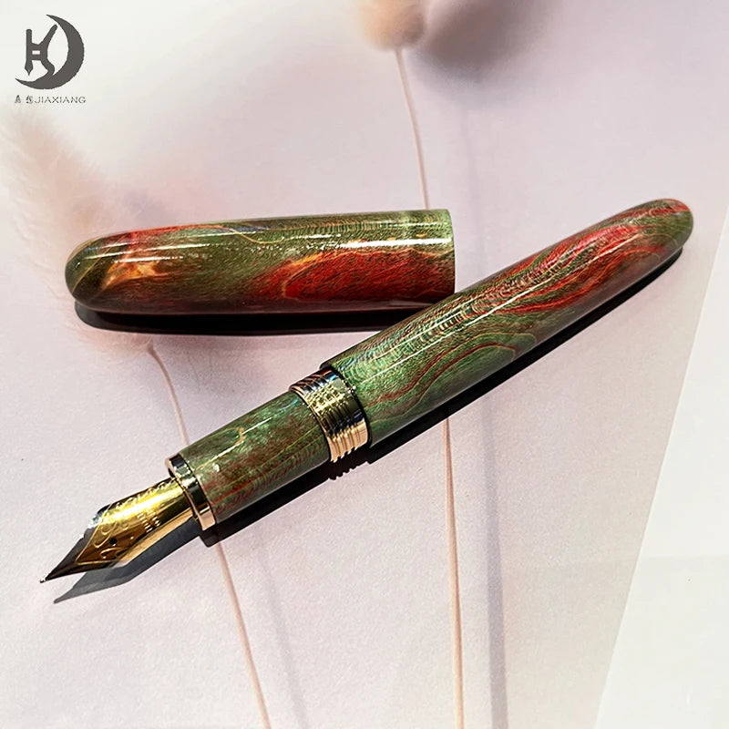 Natural Stabilized Wood Fountain Pen, Fine Nib Carving Handcraft Pen with Converter (Grass Green/Red/Blue)