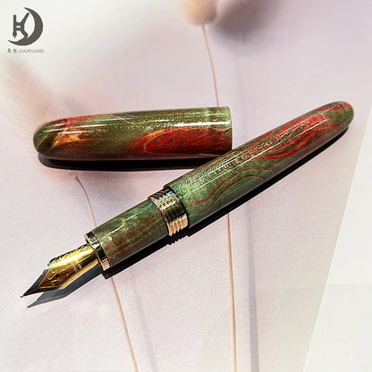 Natural Stabilized Wood Fountain Pen, Fine Nib Carving Handcraft Pen with Converter (Grass Green/Red/Blue)