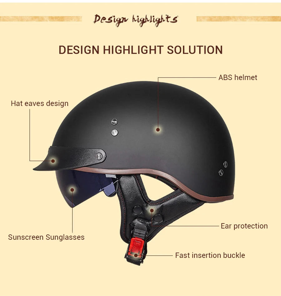 DOT Certification Motorcycle Helmet Retro Motocross Half Helmet Open Face Scooter Biker Sunshade Lens Summer Moto Men Helmet