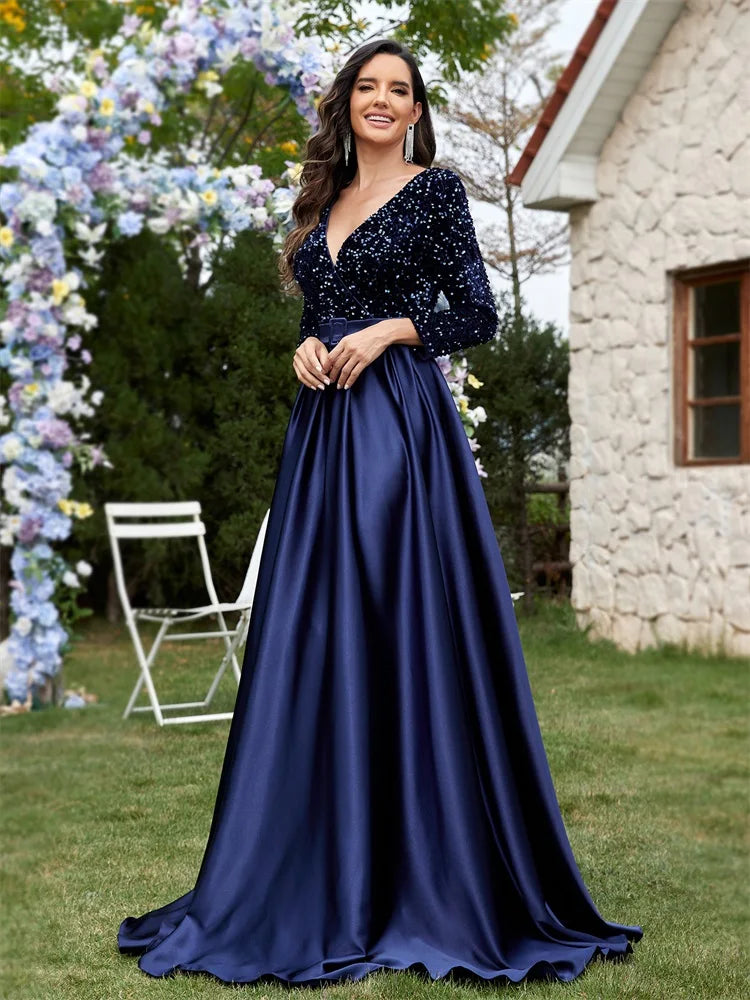 Lucyinlove Luxury Long Sleeve V-Neck Satin Formal Evening Dresses 2025 Elegant Wedding Party Sequins Women Prom Cocktail Gowns