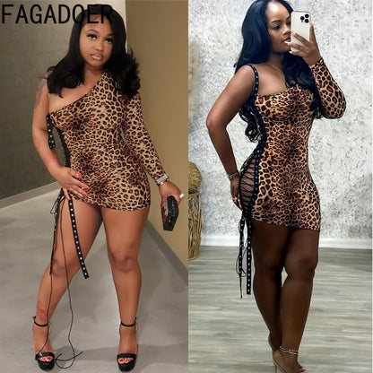 FAGADOER Spring New Sexy Leopard Print Dresses Woman Off-shoulder Backless Bandage Patchwork Dress Female Streetwear Vestidos