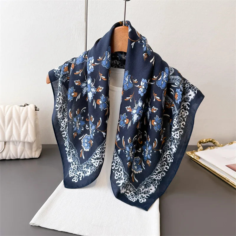 65*65cm Floral Print Small Cotton Feel Neck Ties Velvet Square Scarf for Women Soft Neckerchief Lady Hijab Female Hair Headbands