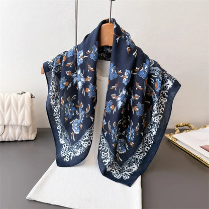 65*65cm Floral Print Small Cotton Feel Neck Ties Velvet Square Scarf for Women Soft Neckerchief Lady Hijab Female Hair Headbands