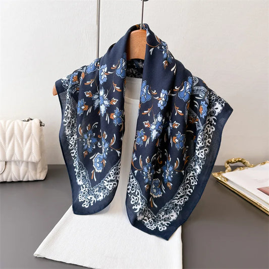 65*65cm Floral Print Small Cotton Feel Neck Ties Velvet Square Scarf for Women Soft Neckerchief Lady Hijab Female Hair Headbands