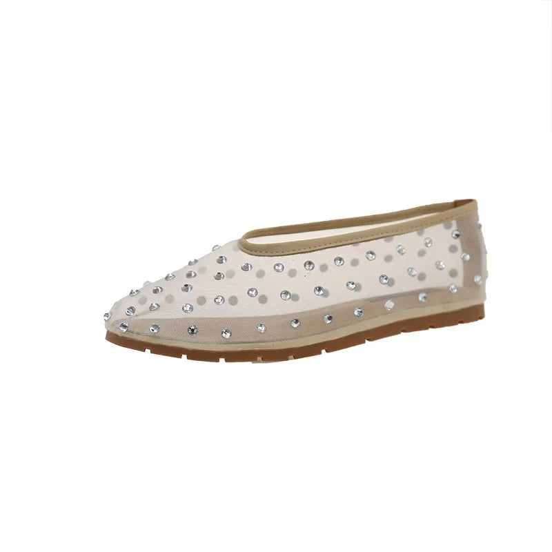 Women Flats Luxury Crystal Rivet Design Sandals Summer Mesh Breathable Ballet Shoes Plus Size Ladies Elegant Party Dress Loafers