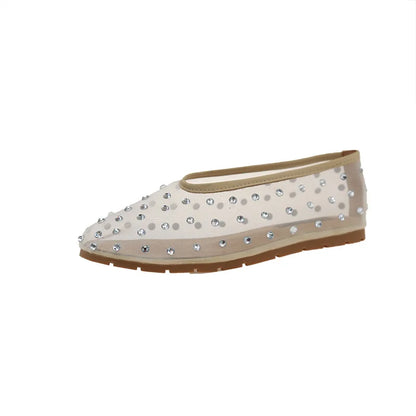 Women Flats Luxury Crystal Rivet Design Sandals Summer Mesh Breathable Ballet Shoes Plus Size Ladies Elegant Party Dress Loafers