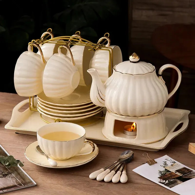 British Handle Ceramic Glass Teapot With Candle Heating Base Set European Porcelain Coffee Pot Afternoon Tea Home Decoration
