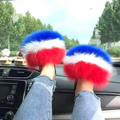 Fur Slippers Women Summer Fluffy Plush Casual Fluffy Flat Non-Slip Real Fox Fur Slides Outdoor Flat Ladies Sandals Flip Flops