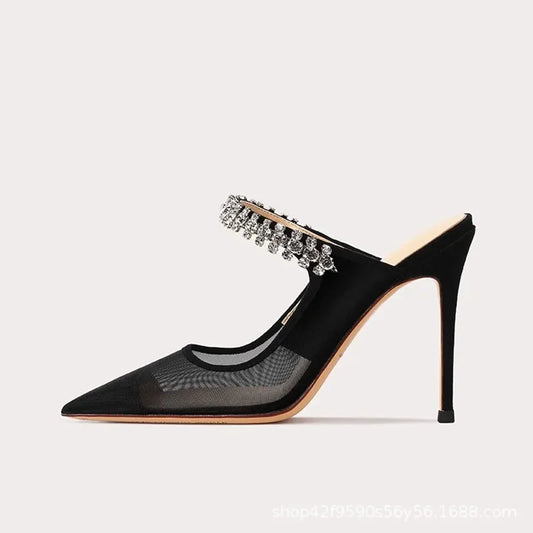 2024 New One Word Water Diamond Women's Summer Baotou Mesh Fine Heels Pointed High Heels Black Slippers