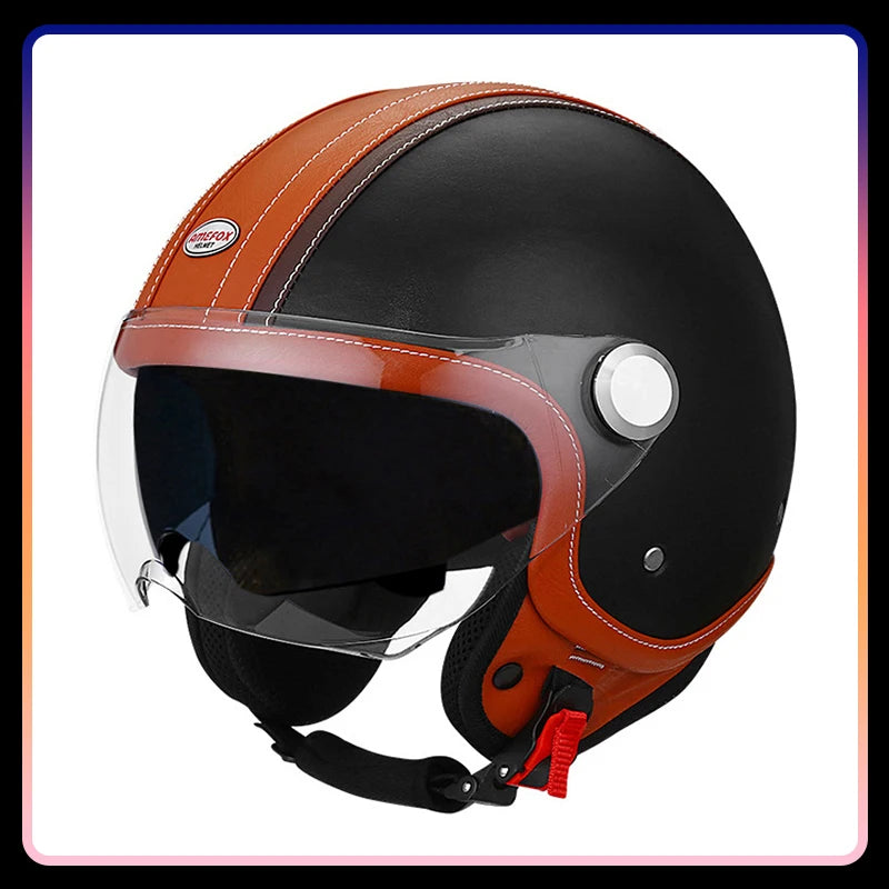DOT Open Face Motorcycle Helmets Double Visor Retro Jet Helmet Leather Vintage Men Women 3/4 Open Half Helmet with Inner Lens