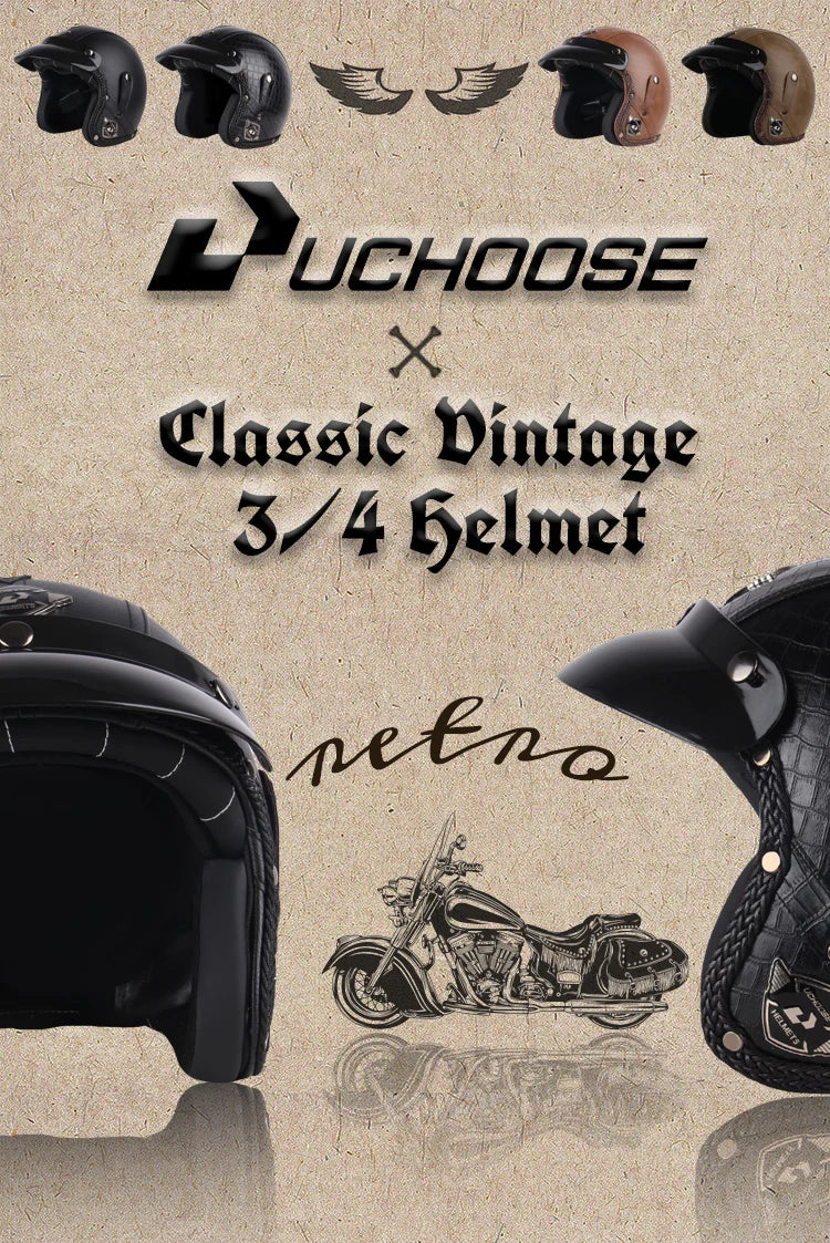 UCHOOSE Retro Motorcycle Helmet PU Leather Open Face 3/4 Chopper Bicycle Helmets Classic Casco Moto Vintage