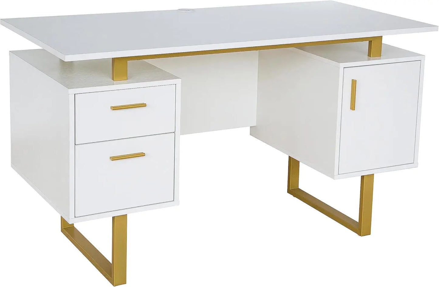 Modern Office Desk with Storage Drawers and Cabinet, Large Floating Desktop, White/Gold Finish