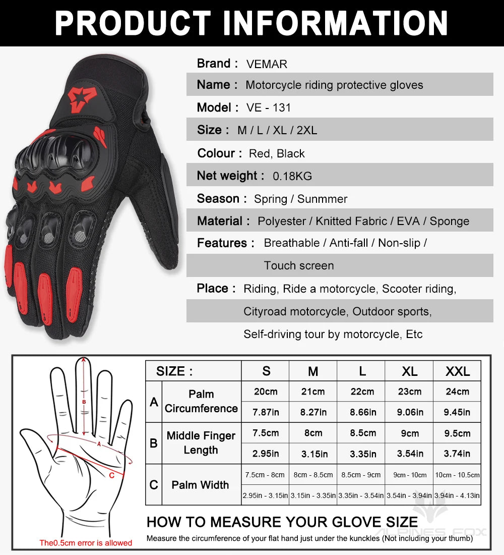VEMAR Summer Motorcycle Gloves Men Black Full Finger Touchscreen Cycling ATV MTB Guantes Moto Luvas Bike Riding Glove Women Red