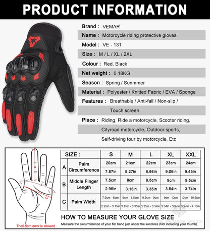 VEMAR Summer Motorcycle Gloves Men Black Full Finger Touchscreen Cycling ATV MTB Guantes Moto Luvas Bike Riding Glove Women Red