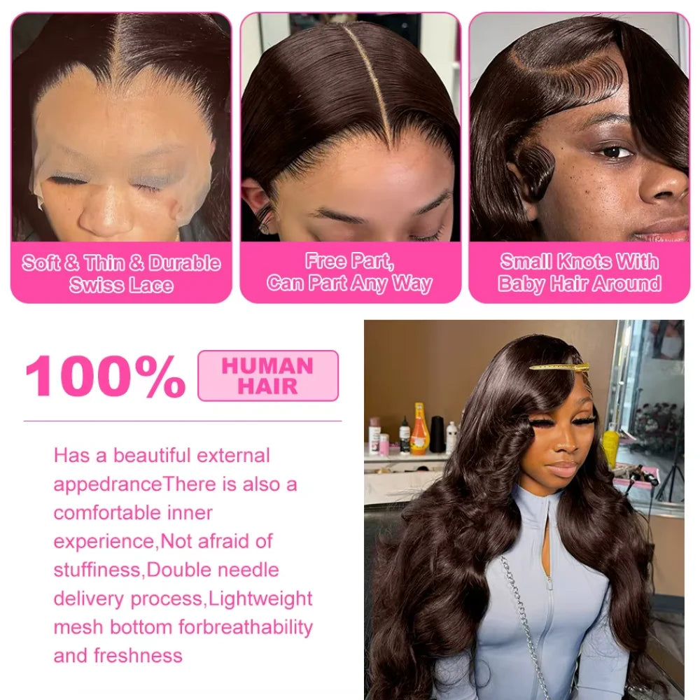 Smilegirl 250% Density Brown Body Wave Lace Frontal Wigs Human Blended Hair 13x4 HD Transparent Brown Body Wave Lace Frontal Wigs Chocolate Brown