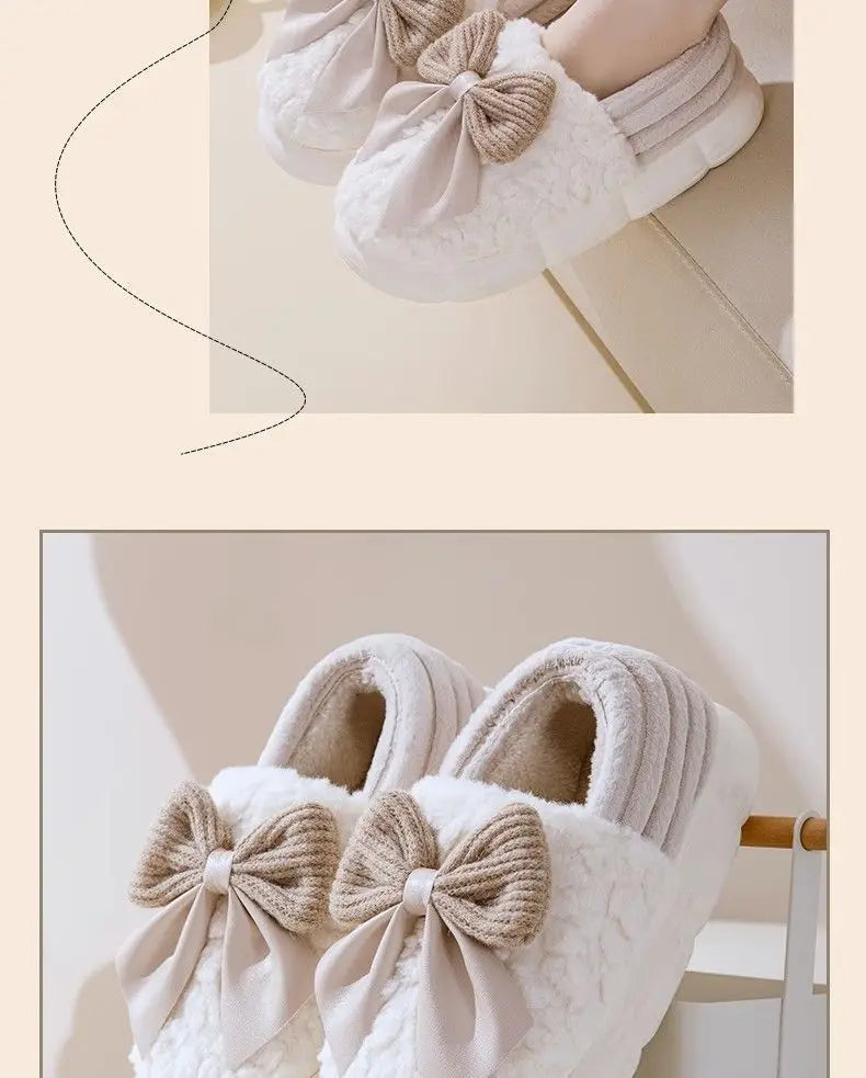 Thick Soled Non Slip Home Plush Slippers 2025 New Cotton Slippers for Women Bow Slippers for Autumn and Winter Warm for Women