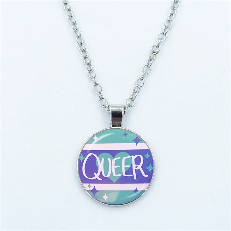 Rainbow Necklace LGBT Lesbian Gay Pride Rainbow Friendly Print Art Pattern Glass Cabochon Pendant Couple Chain Necklace Gift