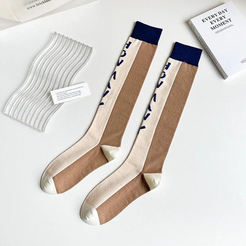 Socks Women's High Tube Calf Knee-length Socks Retro Illustration Art Abstract Street Autumn and Winter Cotton Socks High Sock