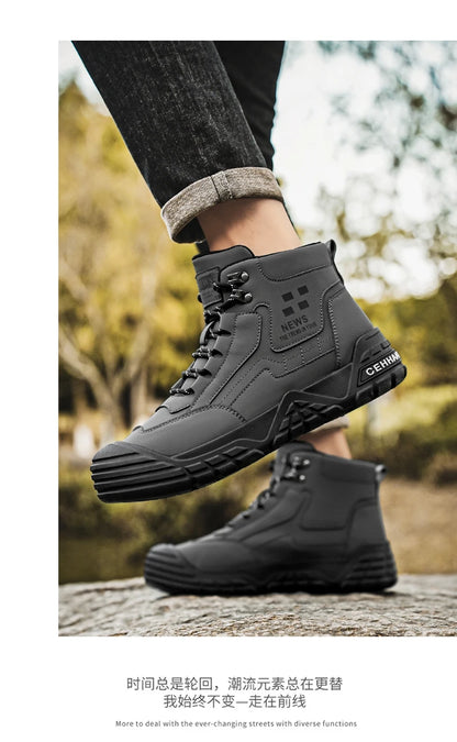 Original Black Leather Ankle Boots For Men Outdoor Non-slip Work Boots Men's Motorcycle Boots Platform High Top Bikers Shoes Man