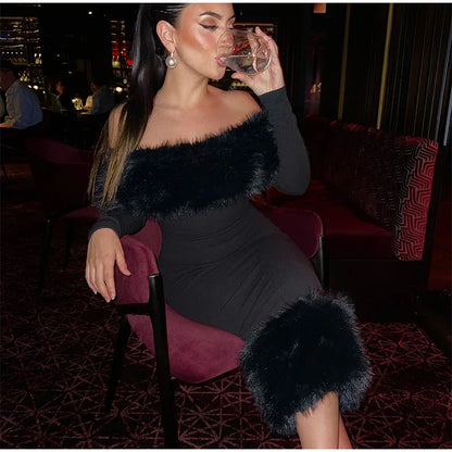 Faux Fur Patchwork Strapless Dress Women Sexy Off-shoulder Full Sleeve Cinched-waist Slim Long Gown Lady Christmas Party Dresses