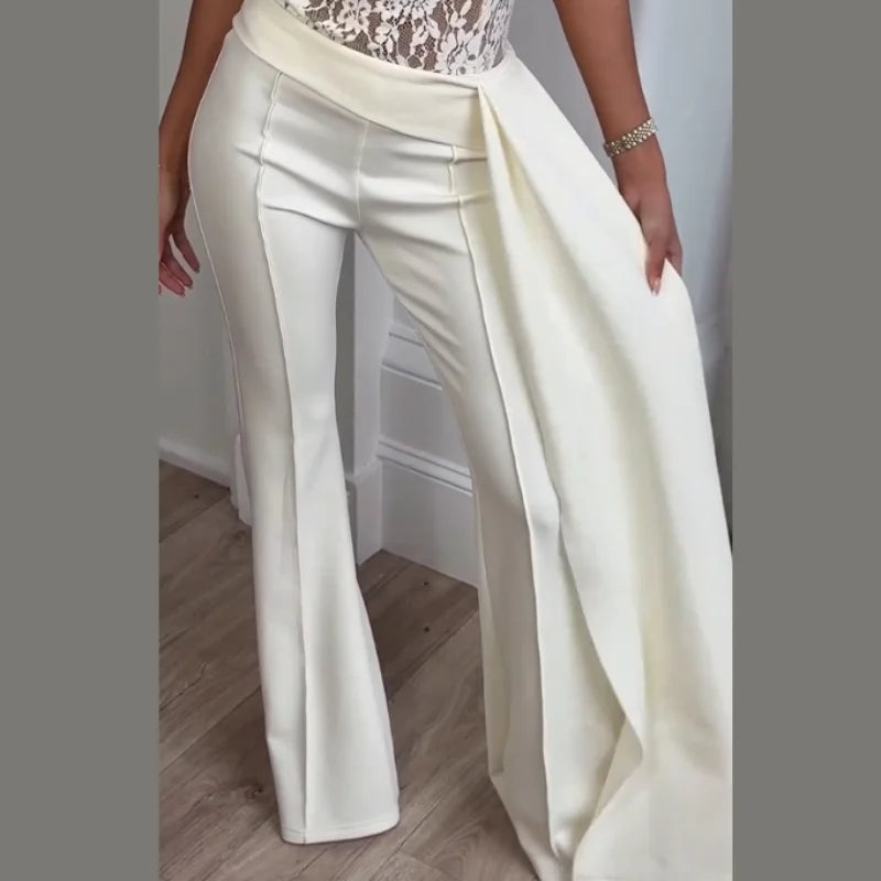 Elegant Ruffles Lace Top Ribbon Flare Pants Sets Women Short Sleeve See through Top High Waist Pant 2026 Summer Evening Outfit