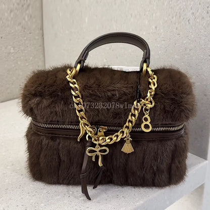 Faux Fur Mini Box Bags Luxury Designer Handbag for Women Trendy Ladies Fashion Casual Chain Elegant Shoulder Bags Crossbody Bag