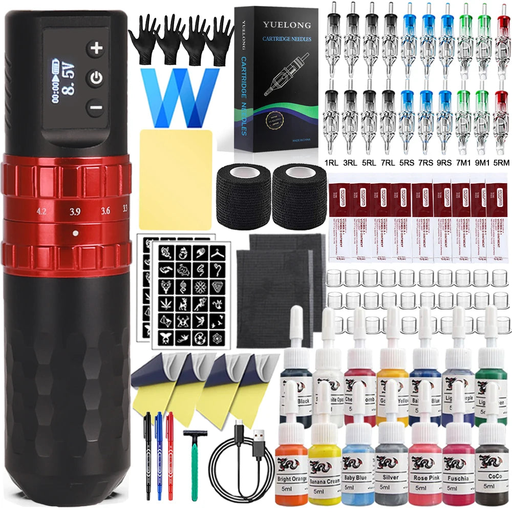 Complete Wireless Tattoo Pen Kit 7 Strokes Adjustable Tattoo Machine with Transfer Printer Ink Set Permanent Makeup Tattoo Kit