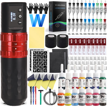 Complete Wireless Tattoo Pen Kit 7 Strokes Adjustable Tattoo Machine with Transfer Printer Ink Set Permanent Makeup Tattoo Kit