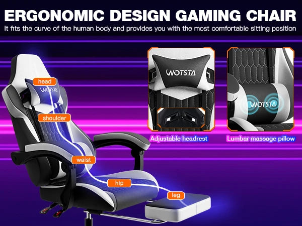 WOTSTA Gaming Chair with Footrest Gaming Chairs PVC Leather Ergonomic Gamer Chair with Adjustable Headrest Lumbar Support