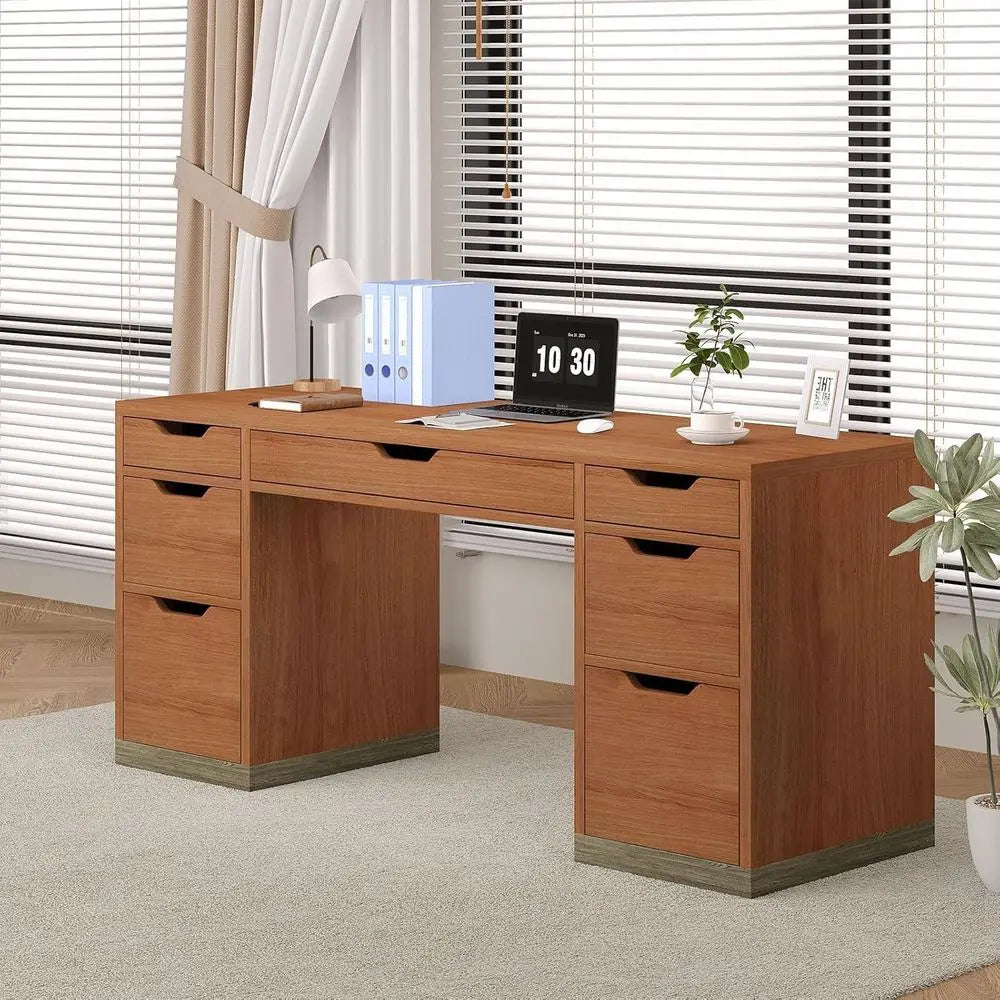 54 Inch Executive Desk with 7 Drawers, Ideal for Home Office, Study, or Bedroom, Compact for Small Spaces (Brown )