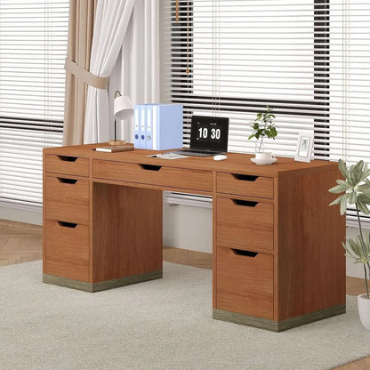 54 Inch Executive Desk with 7 Drawers, Ideal for Home Office, Study, or Bedroom, Compact for Small Spaces (Brown )