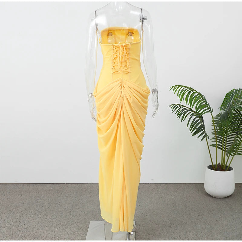 Elegant Yellow Strapless Pleated Dress Women Chic Sleeveless Waist Cinching Split Maxi Gowns 2026 Summer Lady Evening Party Robe
