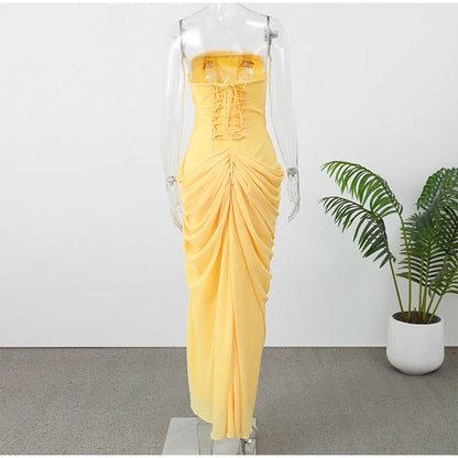 Elegant Yellow Strapless Pleated Dress Women Chic Sleeveless Waist Cinching Split Maxi Gowns 2026 Summer Lady Evening Party Robe
