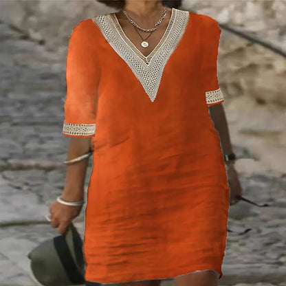 New solid color V-neck mid-sleeved elegant dress