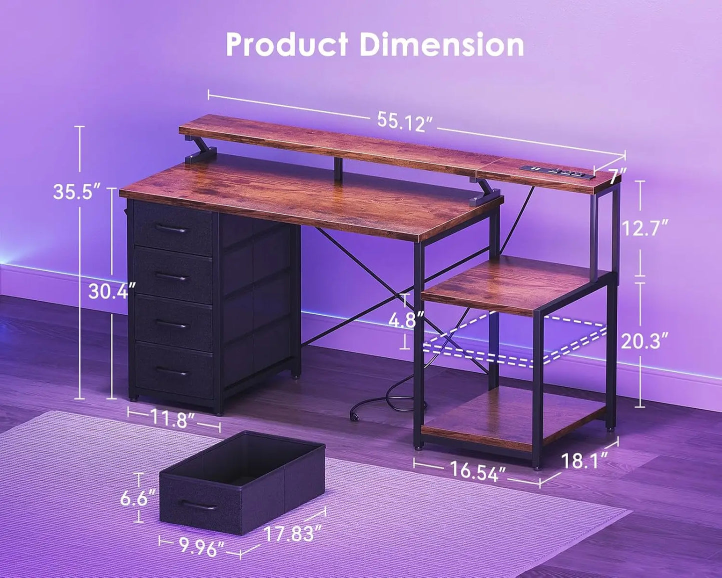 55 Inch Computer Desk with 4 Drawers, Office Desk with Power Outlets, Printer Shelf & Storage Shelves, Large, Customized