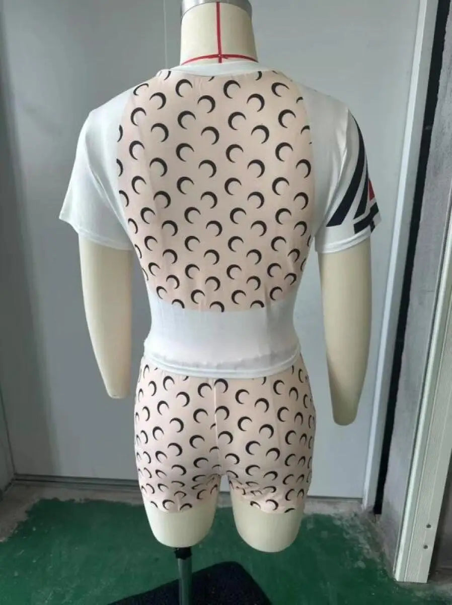 Summer Shorts Set Women Printed Short Sleeve Top Split Elastic Sunscreen Color Blocked New Fashion Versatile Outfit