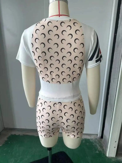 Summer Shorts Set Women Printed Short Sleeve Top Split Elastic Sunscreen Color Blocked New Fashion Versatile Outfit