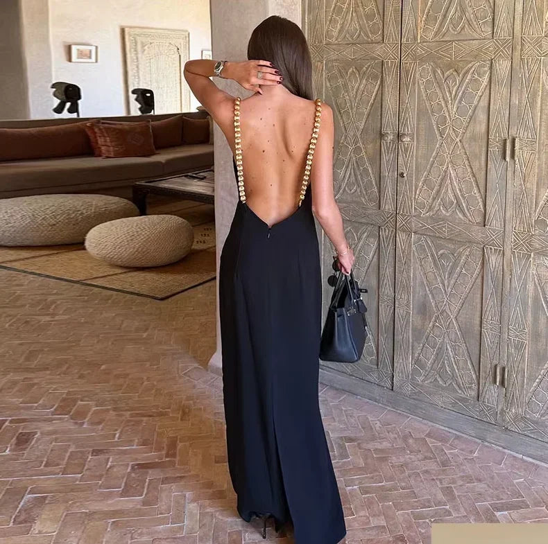 Elegant Black Maxi Dress Sleeveless Slim Fit With Gold Chain Detail Dresses Evening Party Formal Events Chic Floor-length Gown