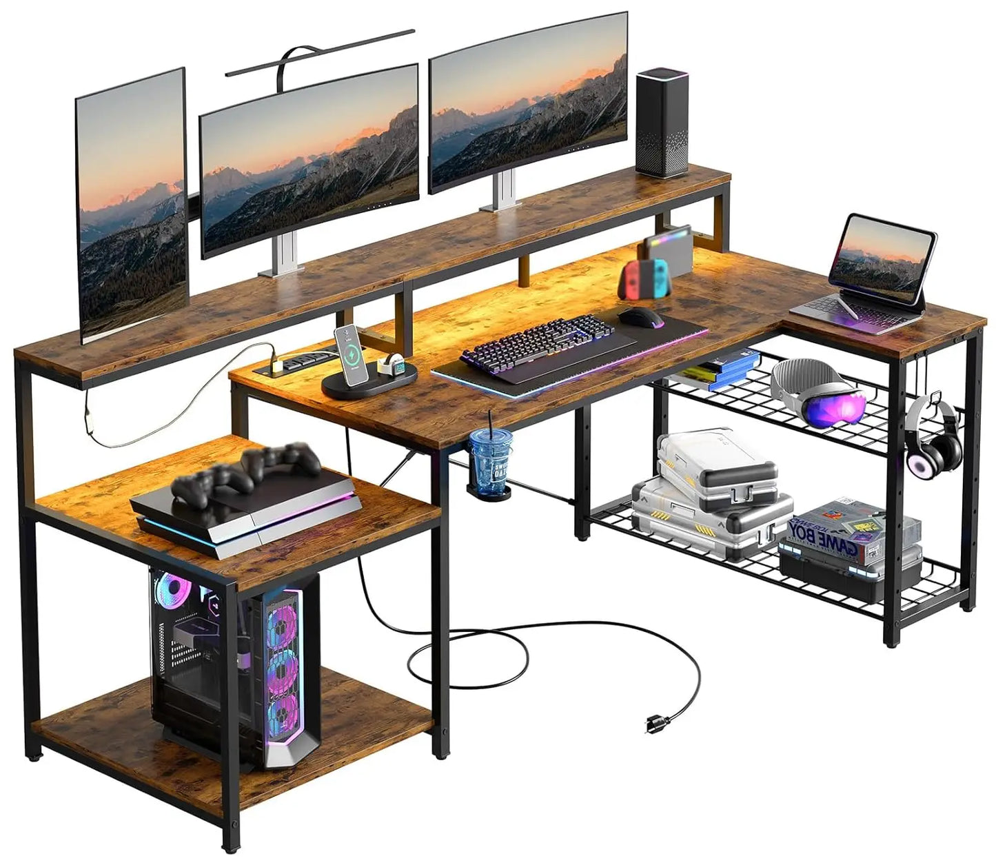 71.5 inch Computer Desk with Power Outlets, LED Large Home Office Desk with Monitor Stand, L Shaped Corner Desk, Customized
