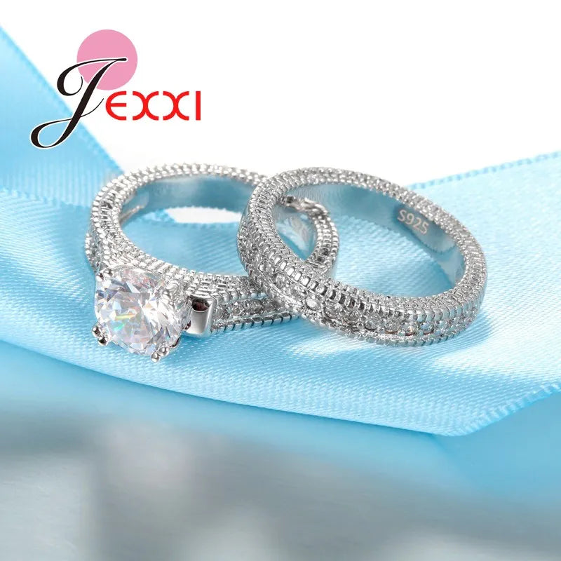 Genuine 925 Sterling Silver Ring Sets 2 PCS Bijoux Full African AAA Crystal Heart Stone Rings Romantic Wedding Best Chioce