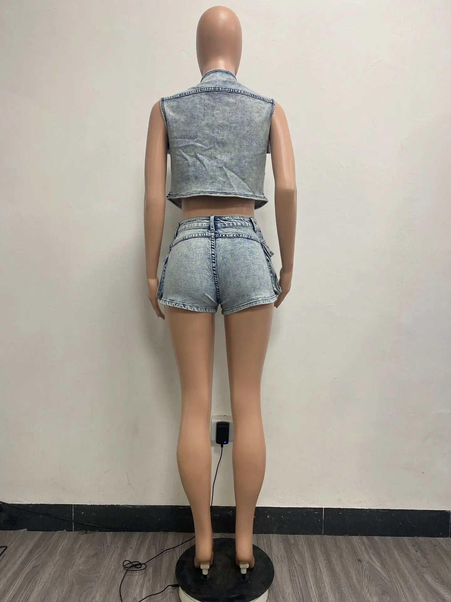 Multi Pockets Jeans Shorts Outfit Set Sexy Women Elegant Two Pieces Denim Club Matching Set Top+Shorts